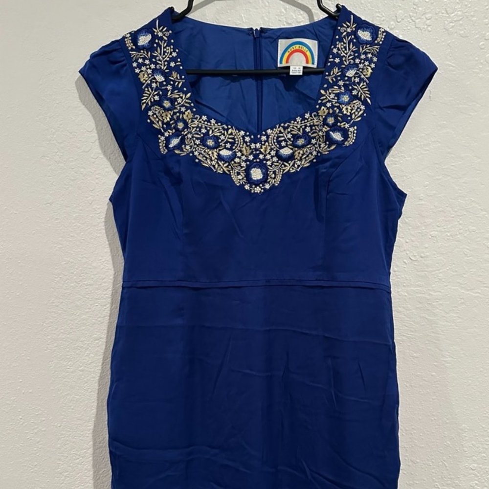 Moddcloth (Ruby Belle brand) royal blue dress w/ white and gold embroidery